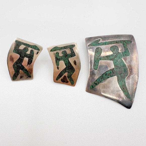 Taxco Sterling Silver Inlaid Crushed Turquoise Warrior Brooch/Pendant w Earrings - Picture 5 of 13